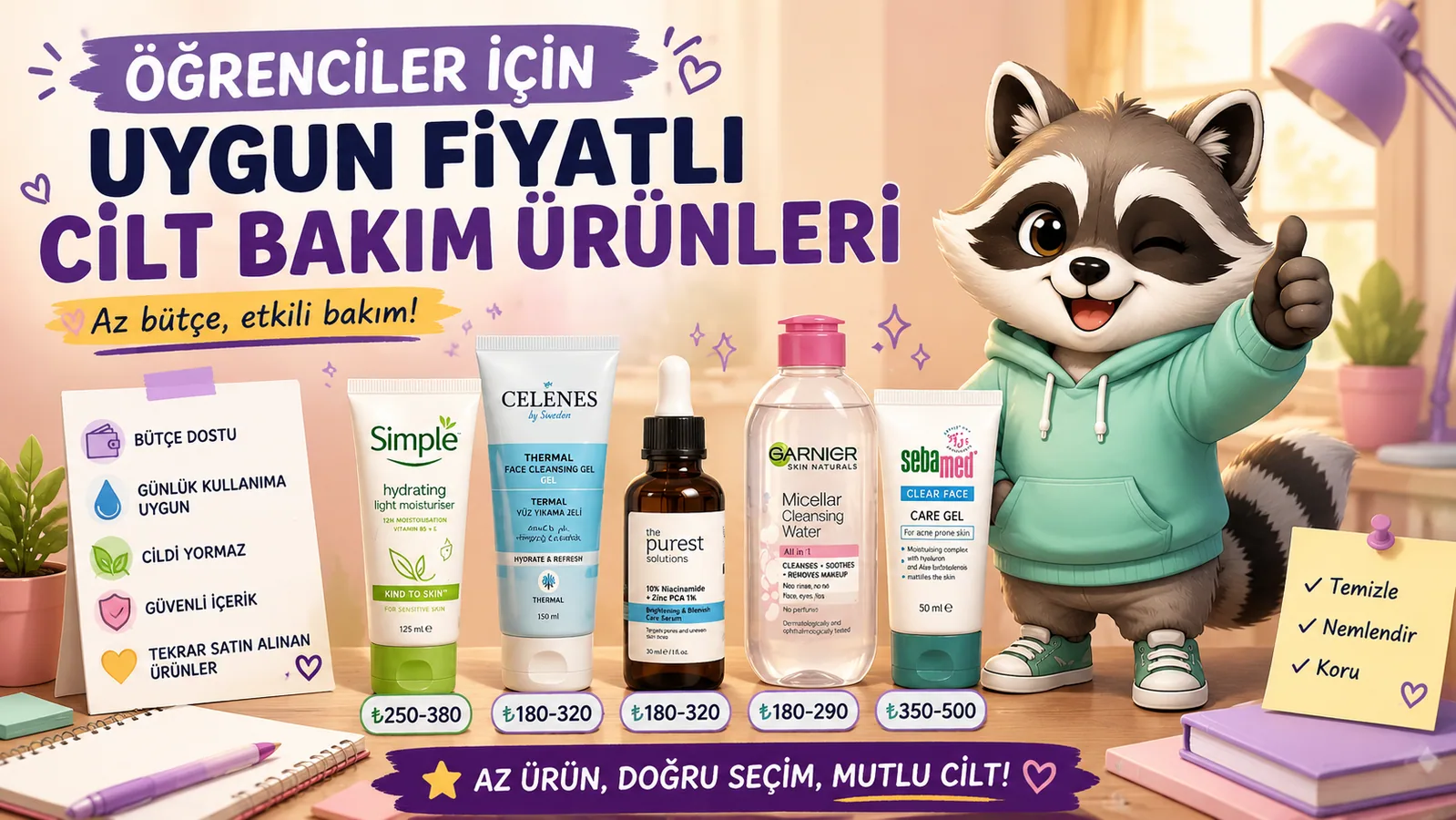 Öğrenciler için uygun fiyatlı cilt bakım ürünlerini. Simple, Celenes, The Purest Solutions, Garnier ve fiyatına göre şaşırtan ürünler burada
